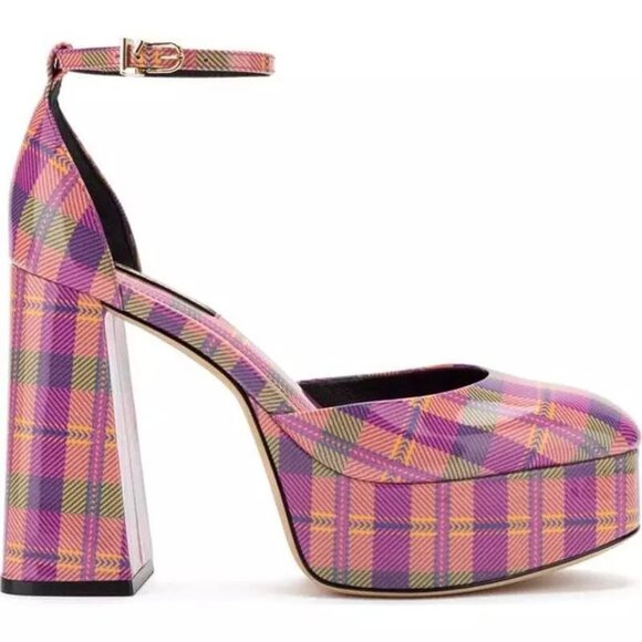Larroude Ari Platform Mary Jane Pump Size 9 Pink Tartan Patent Leather NEW $350